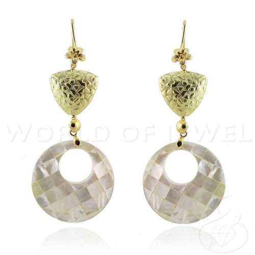 Golden Bronze Lever Earrings With Mother of Pearl and Perforated Round Mosaic