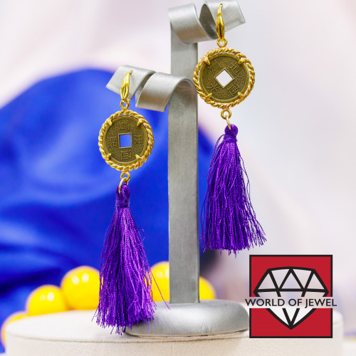 Brass Hook Earrings With Ancient Coins And Purple Tassels