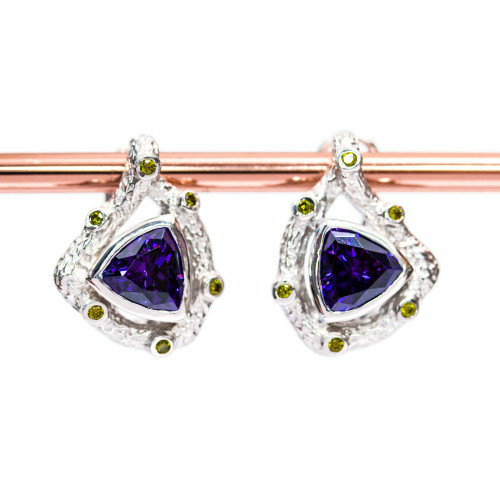 Microcast 925 Silver Closed Stud Earrings With Zircons And Hydrothermal Gems 17x22mm Purple