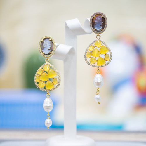 Bronze Closed Stud Earrings With Cat's Eye Elements And Cameos Set With Zircons And Yellow Pearls