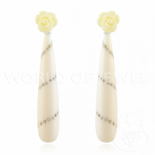 925 Silver Stud Earrings with Resin Rose and Pasta Drop with Rhinestones - White