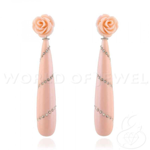925 Silver Stud Earrings with Resin Rose and Pasta Drop with Rhinestones - Pink