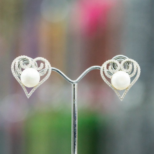 925 Silver Stud Earrings with Zircons and Heart River Pearls 20mm