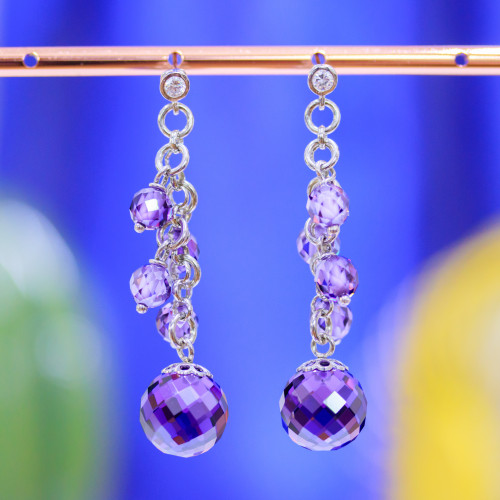 925 Silver Stud Earrings With Light Point And Purple Faceted Zircon Spheres And Chain