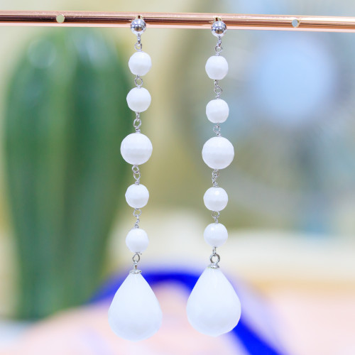 925 Silver Stud Earrings With White Agate Rosary Chain And Faceted Drop 14x75mm