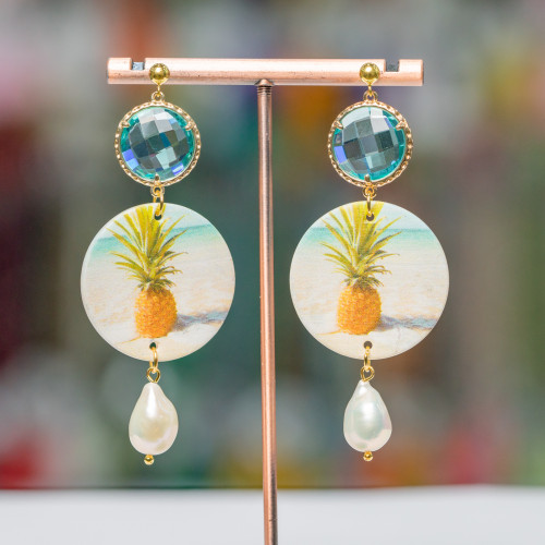 925 Silver Stud Earrings With Printed Mother-of-Pearl Center And Drops Of Semi-precious Stones 30x77mm MOD8