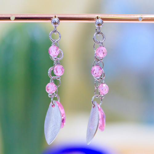 925 Silver Stud Earrings With Silver Leaves And Pink Faceted Oval Zircons 15x50mm