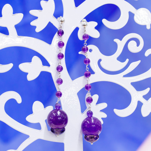 925 Silver Stud Earrings With Purple Jades And Rosary Chain 14x80mm