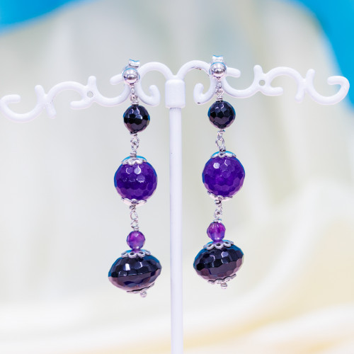 925 Silver Stud Earrings With Onyx And Faceted Purple Jade 12x50mm