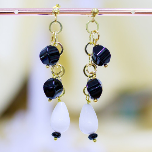 925 Silver Stud Earrings with Twist Onyx and Teardrop White Agate 12x60mm