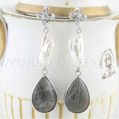 Orecchini A Perno Di Argento 925 Con Perle Di Fiume E Goccia Di Labradorite 15x58mm