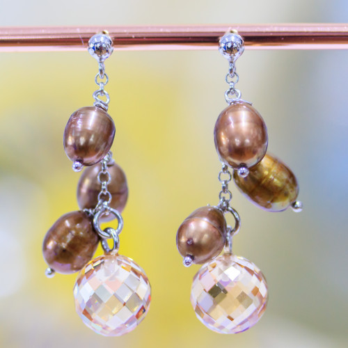 925 Silver Stud Earrings With River Pearls And Faceted Champagne Zircon Spheres 12x43mm