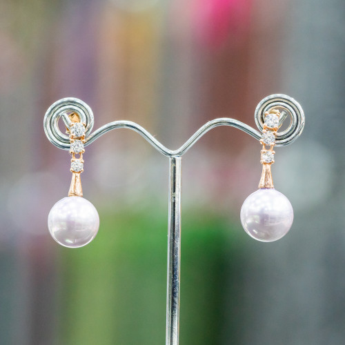 Pendientes de Plata 925 con Puntos de Luz y Perlas Mallorquinas 14x34mm Oro Rosa Lila