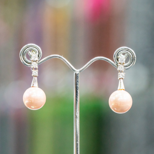 Ohrstecker aus 925er Silber mit hellen Punkten und mallorquinischen Perlen, 14 x 34 mm, rhodiniert, rosa