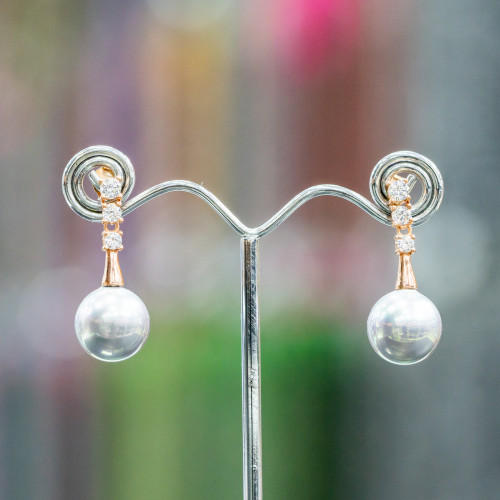 Ohrstecker aus 925er Silber mit Lichtpunkten und mallorquinischen Perlen, 14 x 34 mm, Roségold-Grau