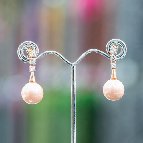 Boucles D'oreilles Puces En Argent 925 Avec Points Lumineux Et Perles De Majorque 14x34mm Rose