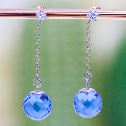 925 Silver Stud Earrings with Light Point and Chain with Indigo Sphere Zircons 11x40mm