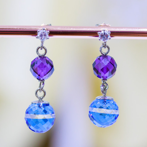 925 Silver Stud Earrings with Light Point and Purple and Blue Sphere Zircons 10x33mm