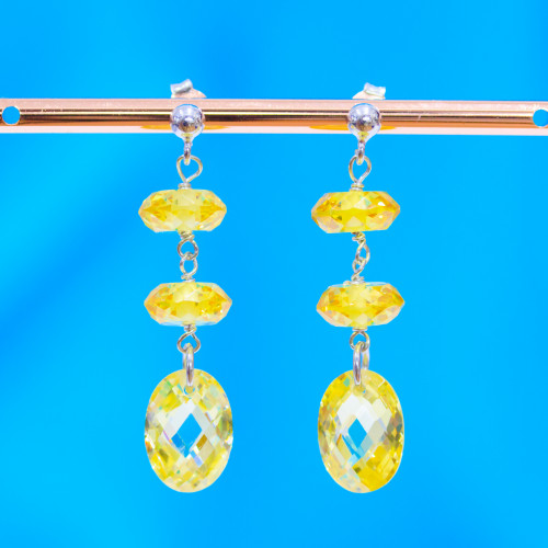 925 Silver Stud Earrings With Faceted Rondelle And Citrine Zircon Oval 10x42mm