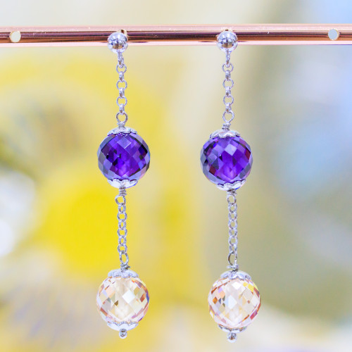 925 Silver Stud Earrings With Faceted Zircon Spheres And Rolo Chain 10x58mm