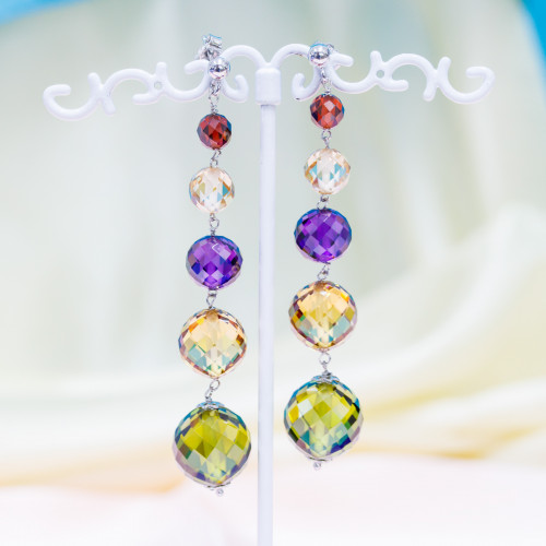 925 Silver Stud Earrings With Faceted Natural Zircon Spheres 14x70mm Multicolor