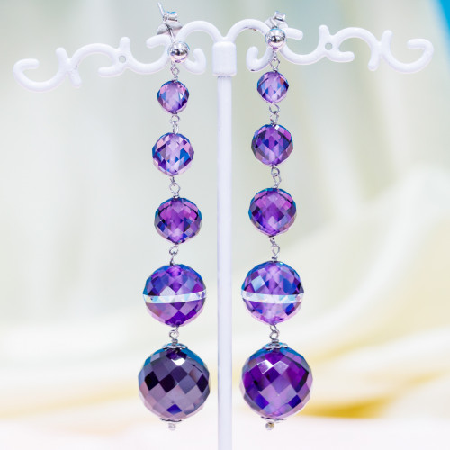 925 Silver Stud Earrings With Faceted Natural Zircon Spheres 14x70mm Purple