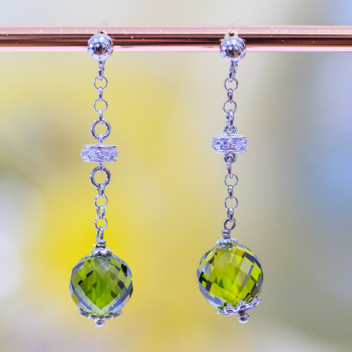 925 Silver Stud Earrings With Peridot Faceted Ball Zircons And Zircon Washers 10x45mm