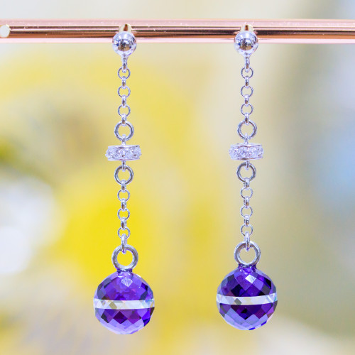 Orecchini A Perno Di Argento 925 Con Zirconi A Sfera Sfaccettata 10mm Viola Bicolore E Rondelle Zirconate