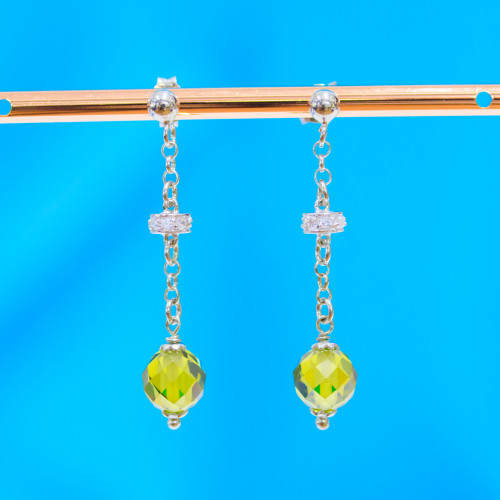 925 Silver Stud Earrings With Peridot Faceted Ball Zircons And Zircon Washers 8x40mm