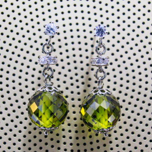 925 Silver Stud Earrings With Faceted Ball Zircons And Peridot Zircon Washers 12x33mm