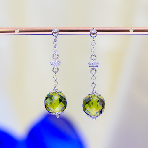 925 Silver Stud Earrings With Faceted Ball Zircons And Peridot Green Zircon Washers 12x45mm