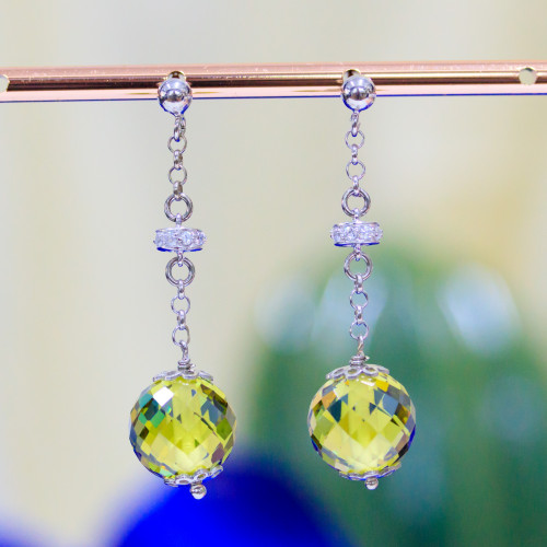 925 Silver Stud Earrings With Faceted Ball Zircons And Light Peridot Green Zircon Washers 12x45mm