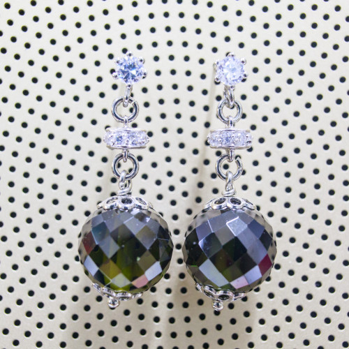 925 Silver Stud Earrings With Faceted Ball Zircons And Dark Green Zircon Washers 12x33mm