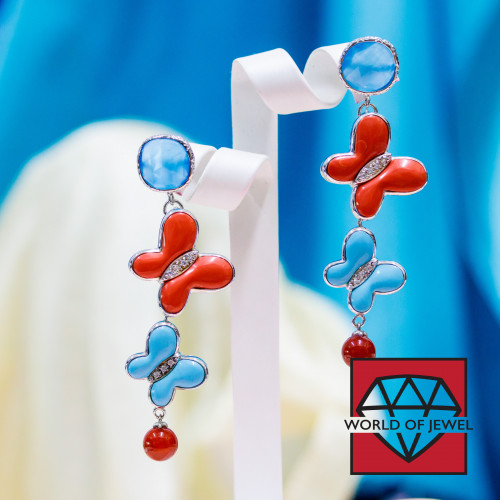 925 Silver Stud Earrings With Zircons, Semi-precious Stones And Coral And Turquoise Paste