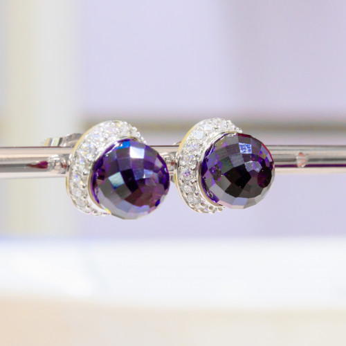 925 Silver Stud Earrings with Set Zircons and CZ Amethyst Sphere 13mm