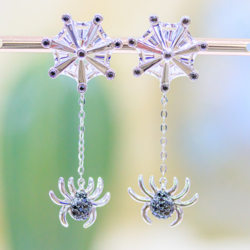 925 Silver Stud Earrings With Zircons Set Spider And Spider Web 20x50mm