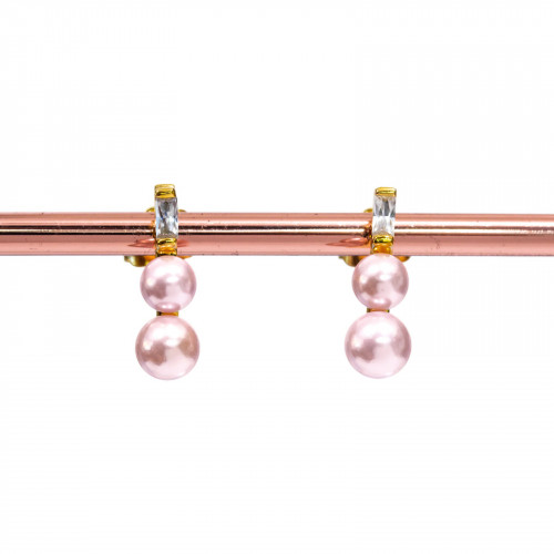 925 Silver Gold Stud Earrings With Pink Mallorca Pearls 5x18mm