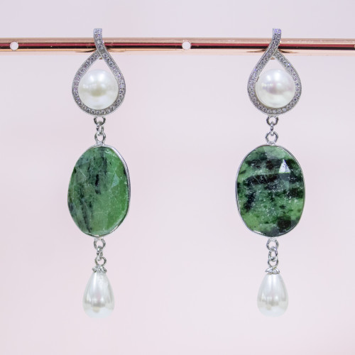 925 Silver And Zoisite Stud Earrings With River Pearls