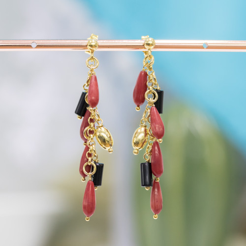 Gold Plated 925 Silver Stud Earrings with Red Bamboo Coral and Onyx 12x60mm