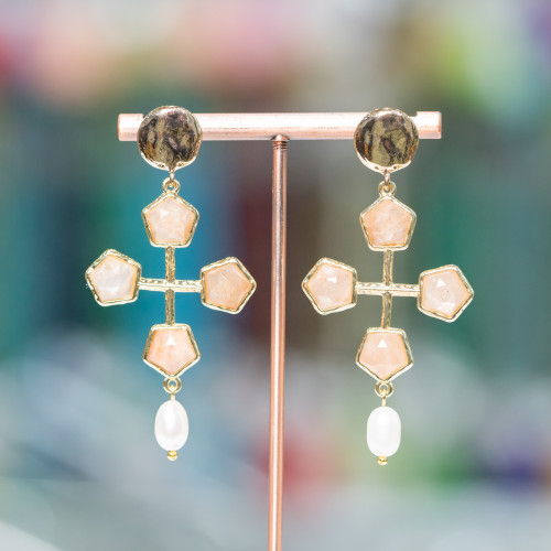 Wrought Bronze Stud Earrings With Semi-precious Stones Set On Bronze With River Pearls 32x68mm Moonstone