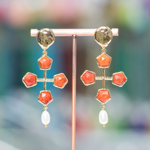 Wrought Bronze Stud Earrings With Semi-precious Stones Set On Bronze With River Pearls 32x68mm Red