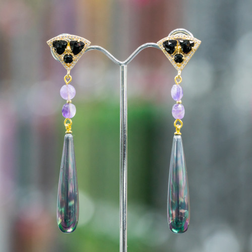 Bronze Stud Earrings With Cat's Eye And Zircons With Machine Cut Pendant And Drops Of Majorcan Pearls 18x80mm