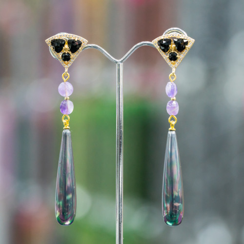 Boucles d'oreilles clous en bronze avec oeil de chat et zircons avec pendentif taillé à la machine et gouttes de perles de Majorque 18x80mm
