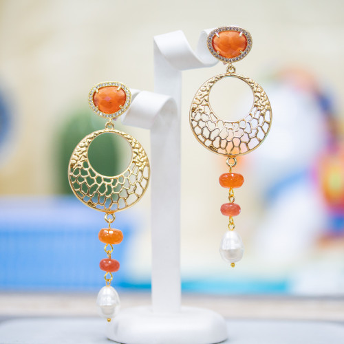 Bronze Stud Earrings With Cat's Eye And Zircons With Zamak And Orange Semi-precious Stones