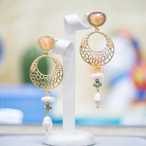 Bronze Stud Earrings With Cat's Eye And Zircons With Zamak And Semi-precious Peach Stones
