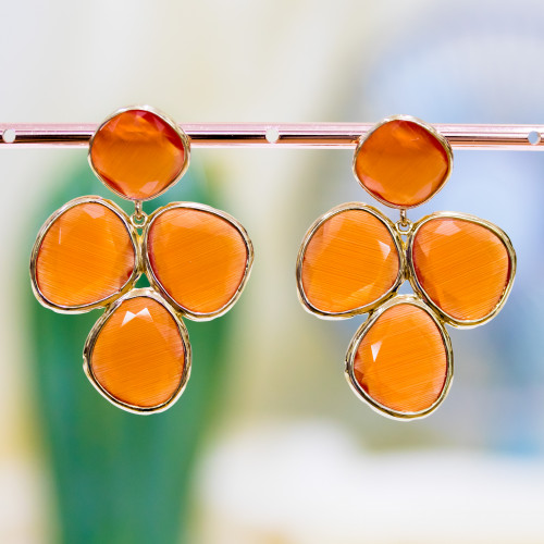 Bronze Stud Earrings with Cat's Eye Set 34x48mm Golden Orange