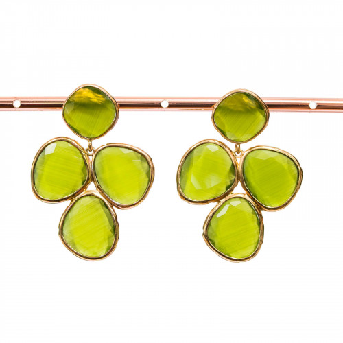 Bronze Stud Earrings With Cat's Eye Set 34x48mm Acid Green Golden