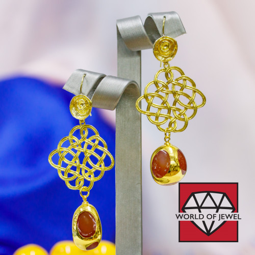 Bronze Stud Earrings With Carnelian Gold Edged Semi-precious Stones