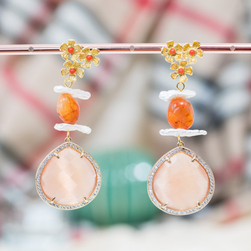 Bronze Stud Earrings With Semi-precious River Pearls And Cat's Eye Cabochon Set With Peach Zircons