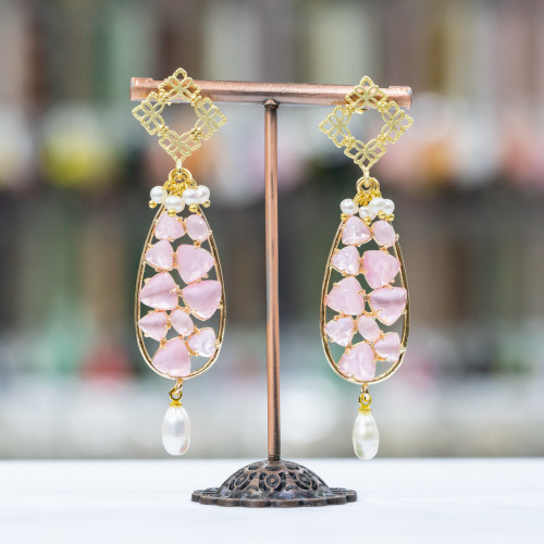 Bronze Stud Earrings Rhombus with Teardrop Cat's Eye and Freshwater Pearls 20x80mm Pink